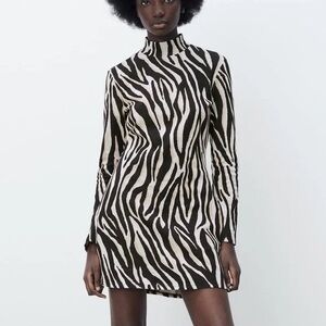 Zara Zebra Printed Mock Neck Knit Long Sleeve Mini Dress Size Small